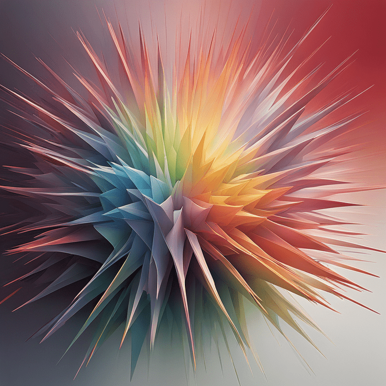 다채로운 색의 날카로운 구조물이 감정의 폭발을 시각적으로 표현한 추상 예술 작품