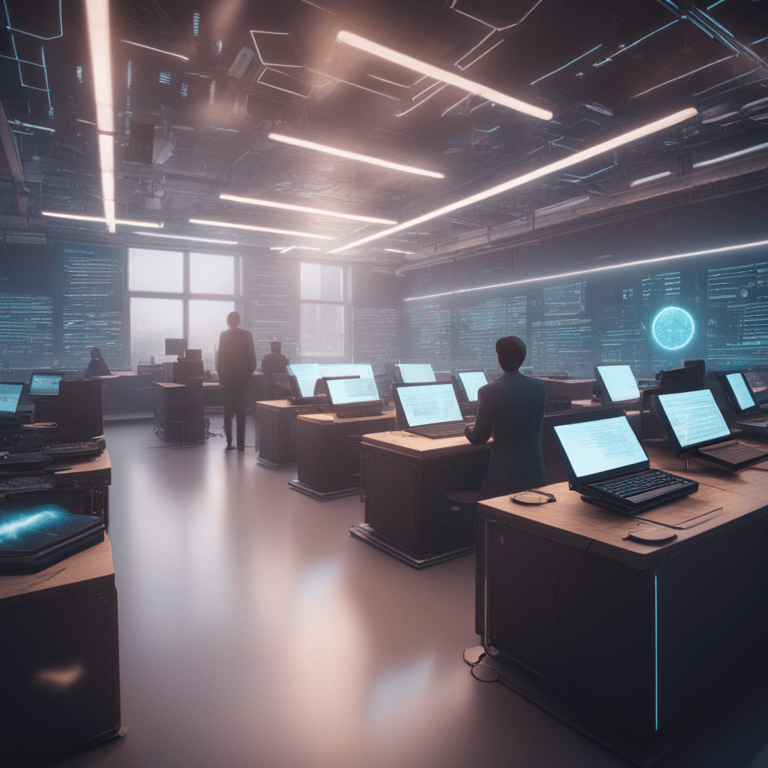 컴퓨터 워크스테이션이 줄지어 있는 현대적인 AI 교육 시설, 코드와 데이터를 보여주는 홀로그램 디스플레이, 기하학적 천장 조명이 있는 미래형 환경에서 일하는 사람들의 실루엣