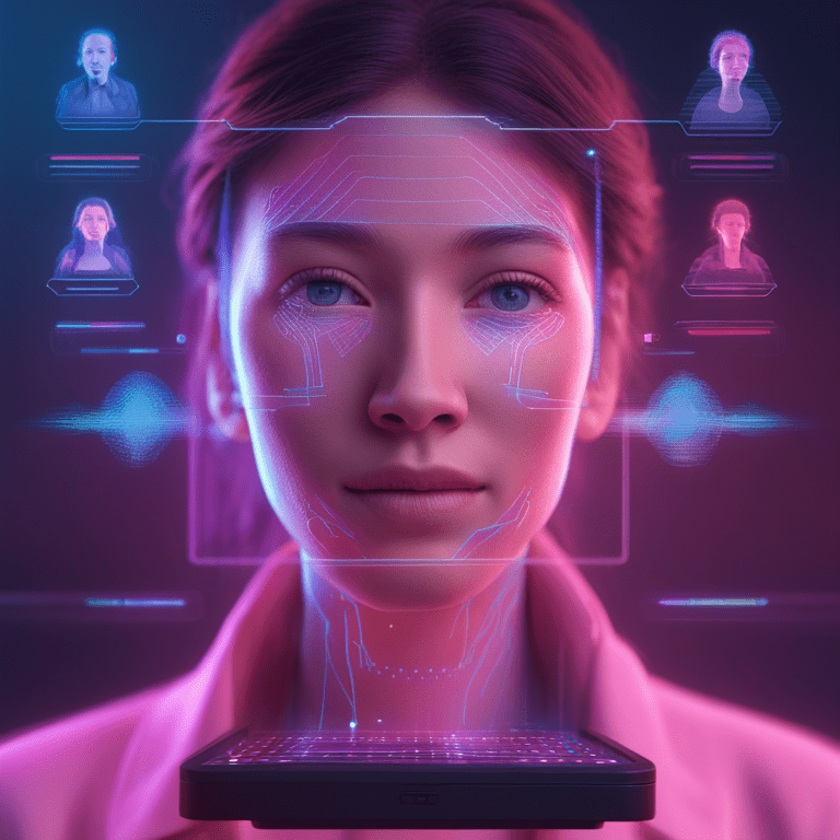 홀로그램 인터페이스로 젊은 여성의 얼굴을 스캔하는 얼굴 인식 기술, 분홍색과 파란색 네온 조명 속에서 생체 인식 데이터 포인트와 여러 프로필 썸네일 표시