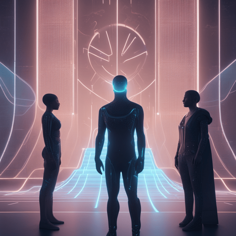 분홍색과 파란색 네온으로 된 원형 차트 기호를 보여주는 대형 조명 디스플레이 앞에 서 있는 세 명의 실루엣, AI 기반 비즈니스 분석 및 의사 결정을 나타냄