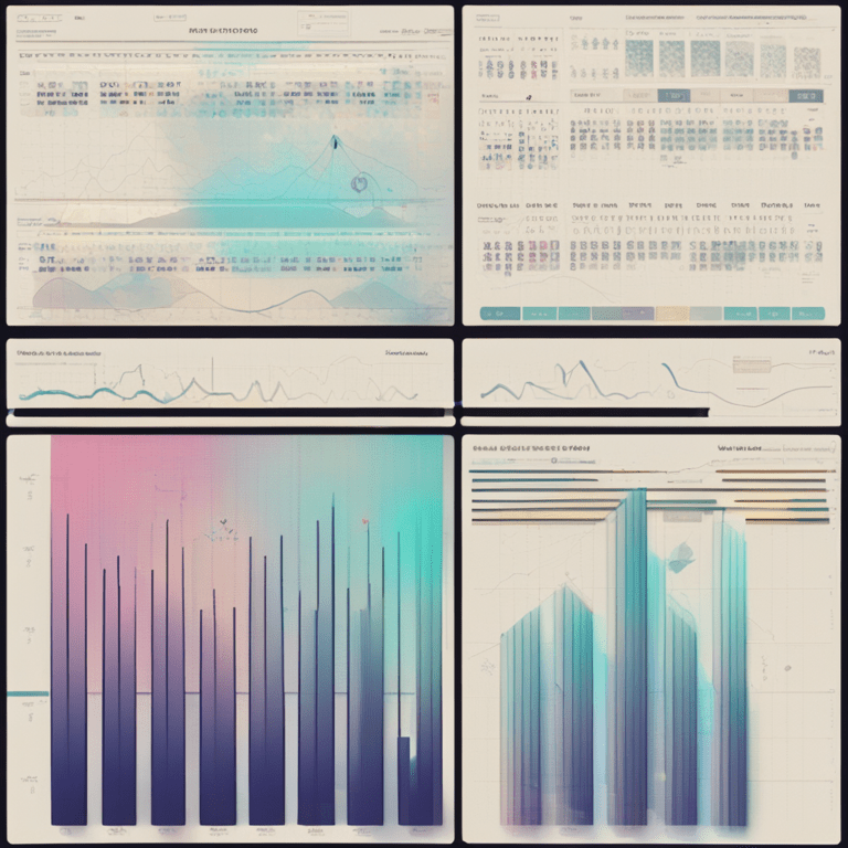 다양한 형태의 데이터 시각화 차트가 감정과 패턴의 변화를 예술적으로 표현한 화면 구성