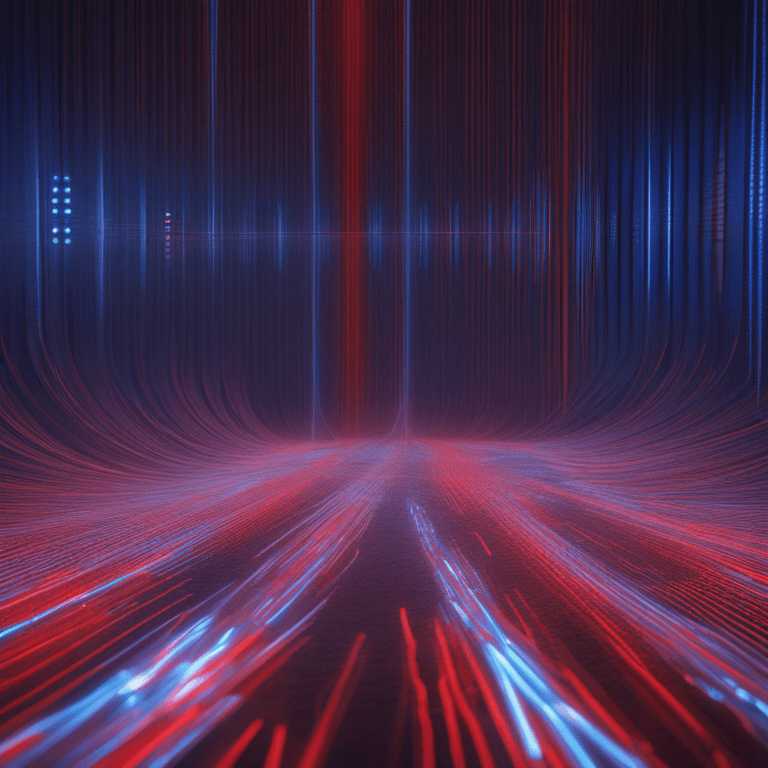 빨강과 파랑의 빛이 교차하며 데이터의 흐름과 속도를 시각화한 추상적 디지털 무대