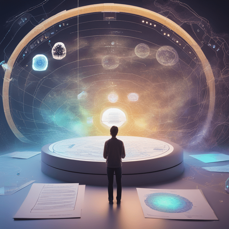 우주적 데이터 시각화 공간에서 인간이 중심에 서서 정보를 탐구하는 몰입형 예술 공간