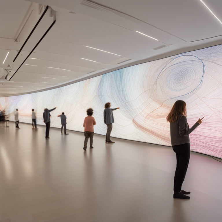 빛의 흐름을 따라 손짓하며 데이터 아트를 체험하는 관람객들의 인터랙티브 전시 장면