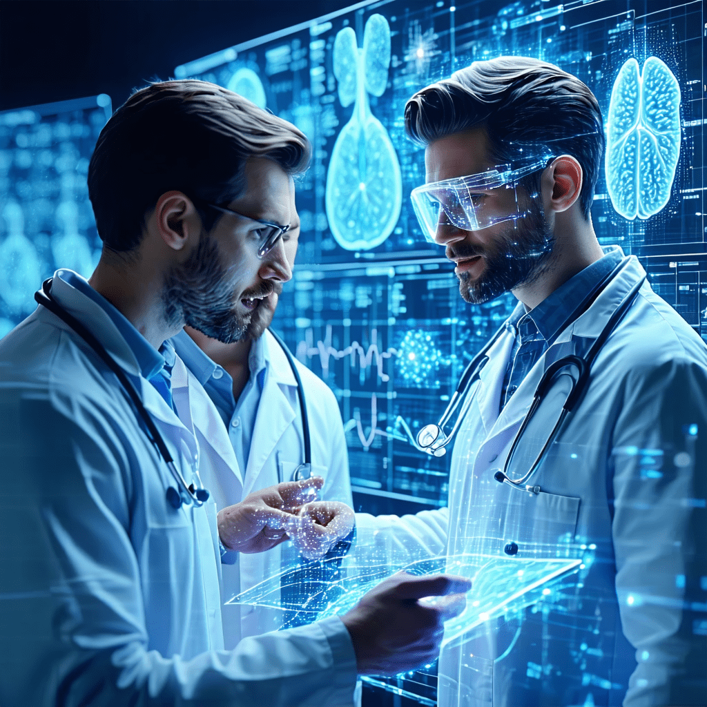 증강현실 인터페이스로 의료 데이터를 논의하는 연구진의 협업