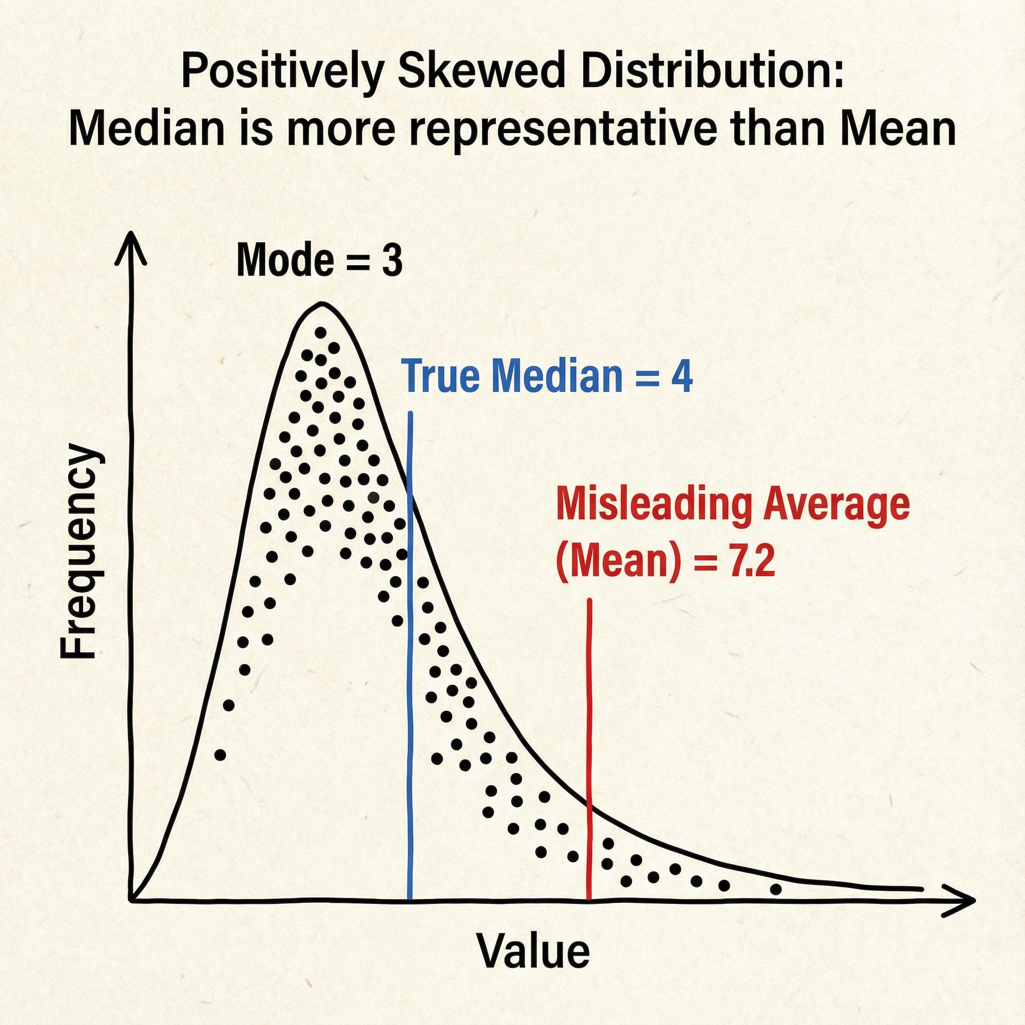 왼쪽으로 치우친 그래프에 평균과 중앙값이 떨어진 위치에 표시되어 있습니다.