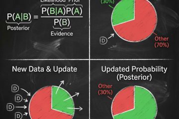 검은 칠판에 베이즈 정리가 적혀 있고, 옆의 원형 그래프는 새로운 데이터 아이콘이 유입되며 30%에서