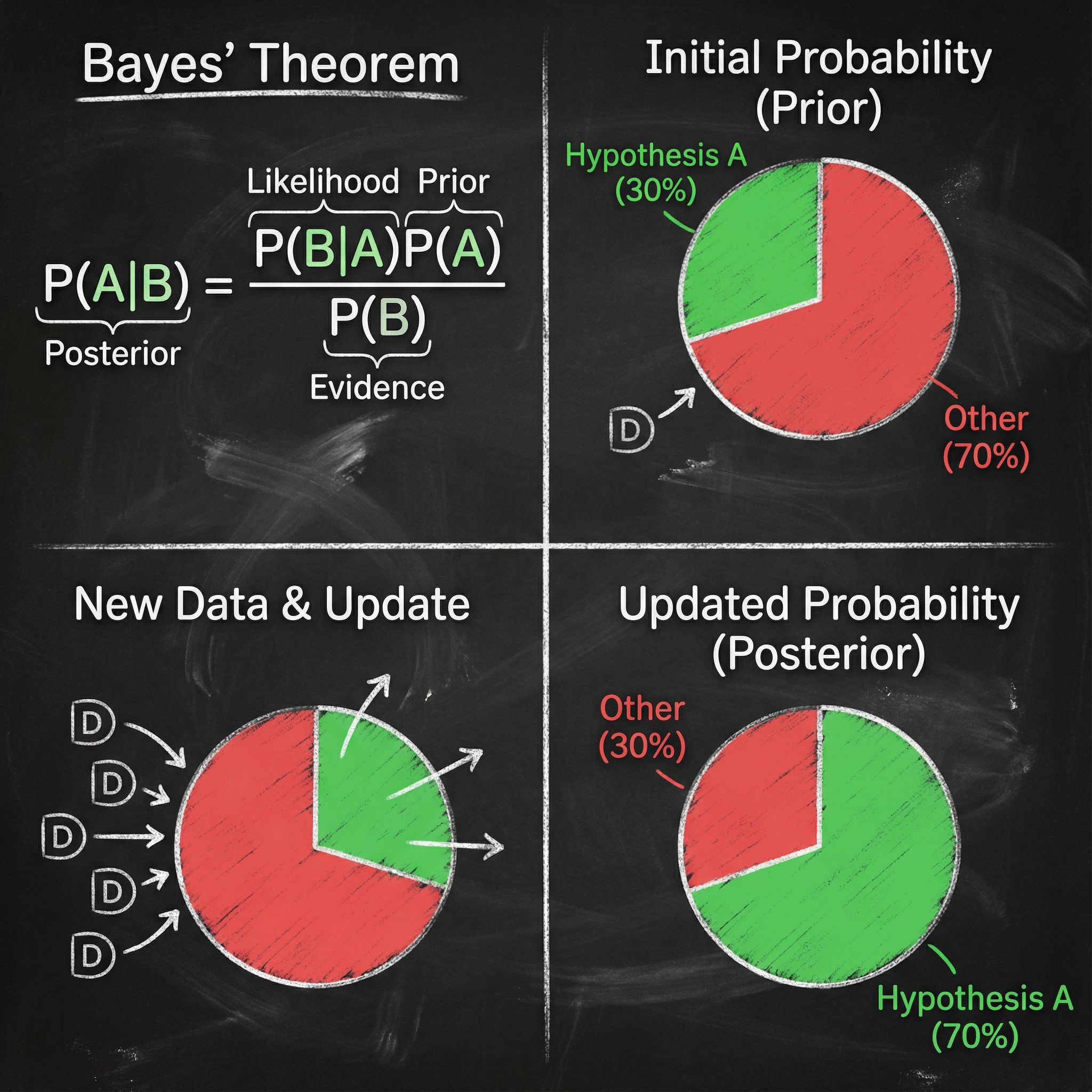 베이즈 정리 공식 P(A|B)와 사전 확률(Prior 30%), 새로운 데이터 업데이트, 사후 확률(Posterior 70%)을 원형 그래프로 설명하는 칠판 스타일 인포그래픽