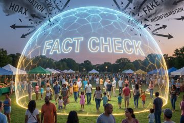 빛나는 팩트 체크 방패가 어둡게 소용돌이치는 허위 정보 화살로부터 다양한 사람들의 공동체를 지키고 있습니다.