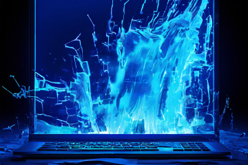 파란색 오류 화면의 컴퓨터 모니터에 유령처럼 반투명한 드라이버 파일이 유성처럼 충돌하며 디지털 금이 가는 모습이다.