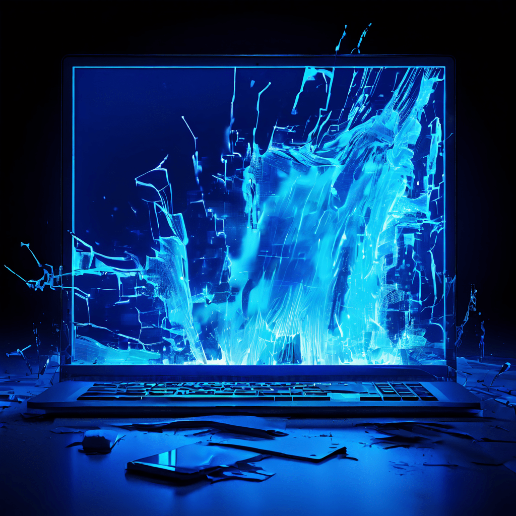 파란색 오류 화면의 컴퓨터 모니터에 유령처럼 반투명한 드라이버 파일이 유성처럼 충돌하며 디지털 금이 가는 모습이다.
