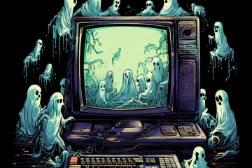 낡은 컴퓨터 모니터에서 유령 같은 작은 형상들이 배경 작업에서 기어 나오는 모습이다.