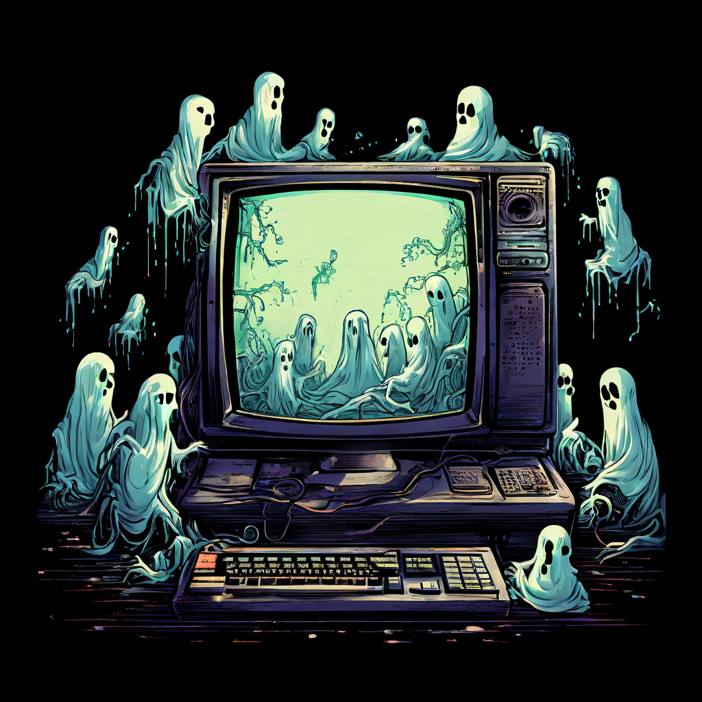 낡은 컴퓨터 모니터에서 유령 같은 작은 형상들이 배경 작업에서 기어 나오는 모습이다.