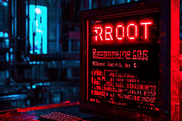 컴퓨터 화면에 빨간색 오류 문자가 깨지며 SOS 신호로 변하는 모습이다.