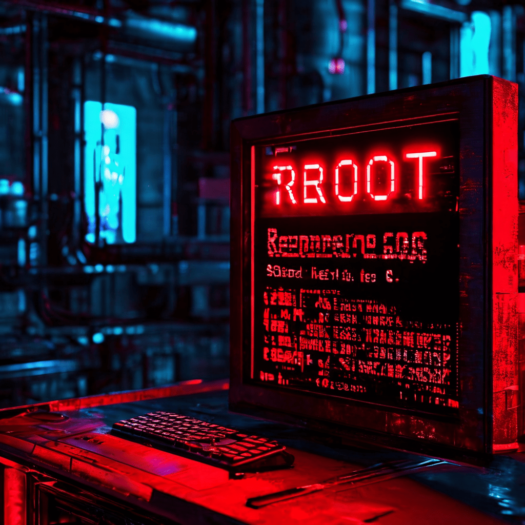 컴퓨터 화면에 빨간색 오류 문자가 깨지며 SOS 신호로 변하는 모습이다.