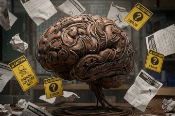 복잡하게 얽힌 톱니바퀴 뇌가 수많은 설명서와 경고 표지에 둘러싸여 과부하 상태인 모습이다.