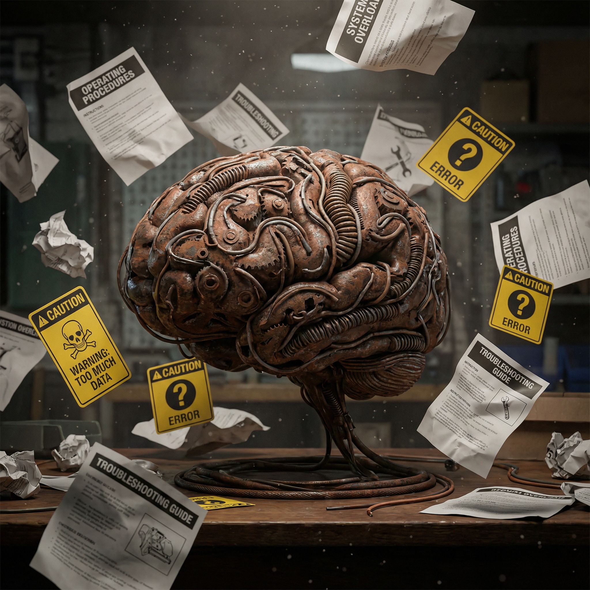 복잡하게 얽힌 톱니바퀴 뇌가 수많은 설명서와 경고 표지에 둘러싸여 과부하 상태인 모습이다.