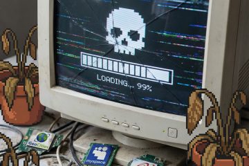 부서진 컴퓨터 화면에 해골 모양 로딩 아이콘이 표시되고, 시든 디지털 식물과 죽은 웹사이트 로고들이