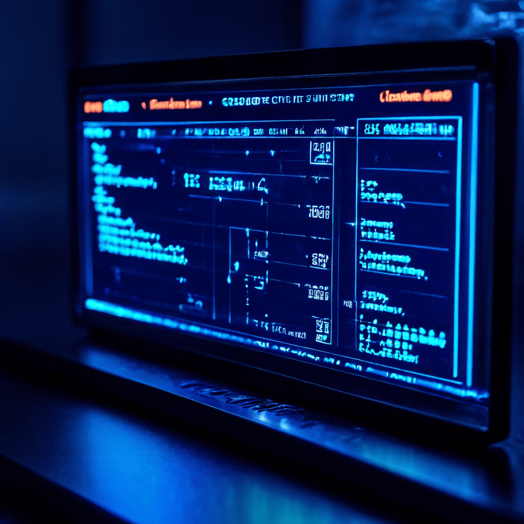 어두운 디지털 배경에 활성화된 프로세스가 빛나고 있는 세련된 작업 관리자 인터페이스입니다.
