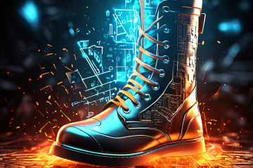 푸른 디지털 공간에서 깨끗한 방패가 무질서한 빨간 화살을 막아내며 소프트웨어 충돌의 상징적 전쟁을 묘사한 모습입니다.