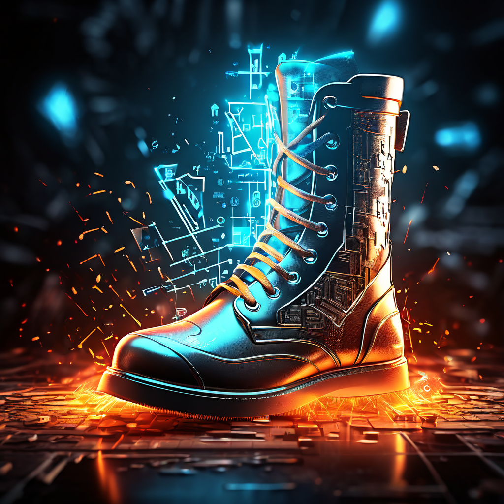 푸른 디지털 공간에서 깨끗한 방패가 무질서한 빨간 화살을 막아내며 소프트웨어 충돌의 상징적 전쟁을 묘사한 모습입니다.