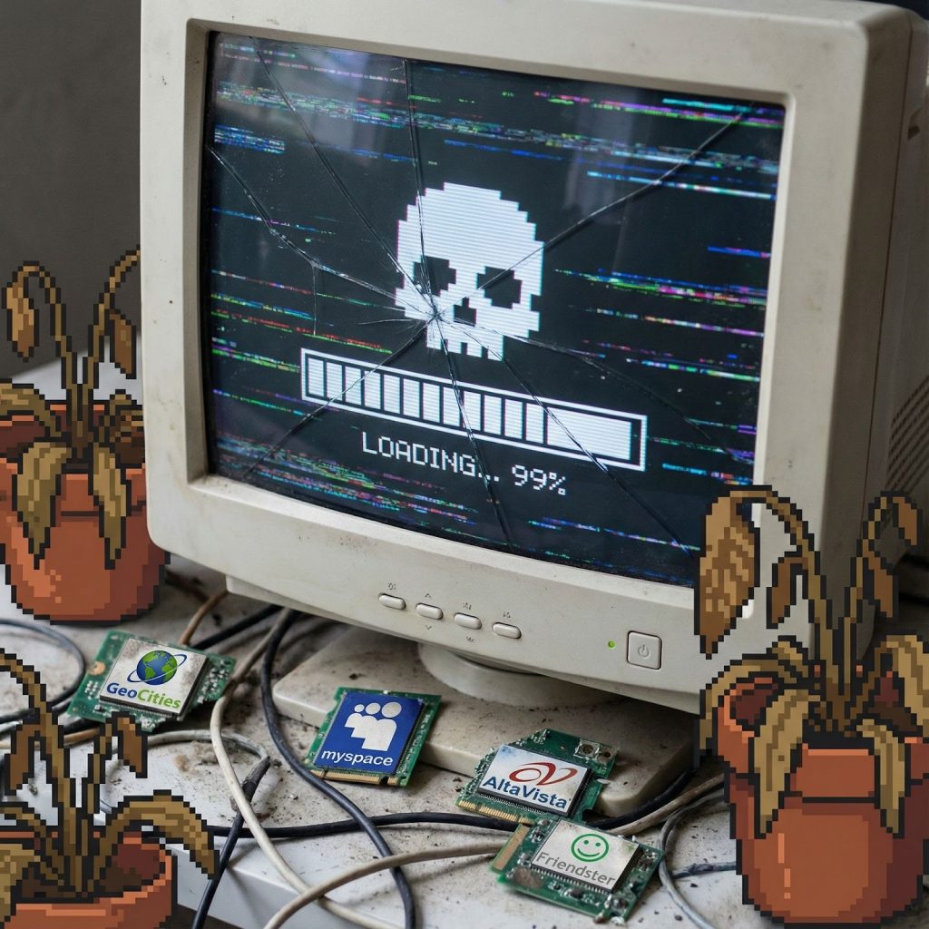 오래된 CRT 모니터에 픽셀 해골과 99% 로딩 바가 표시된 글리치 화면 - 주변에 픽셀 아트 달팽이들과 GeoCities, MySpace, AltaVista 로고가 있는 빈티지 회로 기판이 놓여 있는 레트로 컴퓨터 바이러스 개념