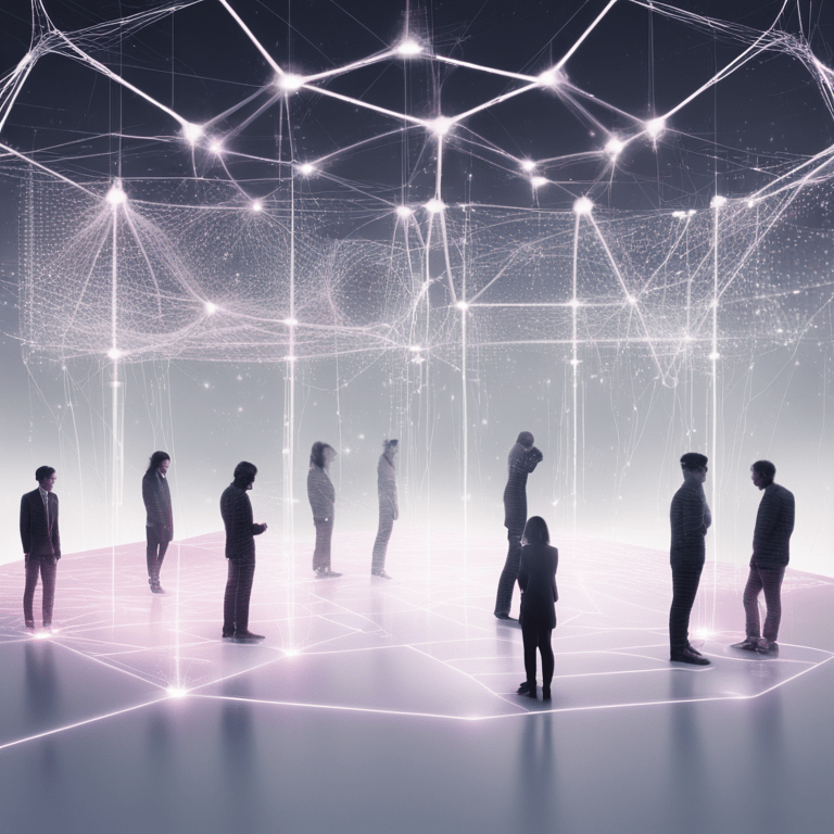 빛의 네트워크로 연결된 사람들, 데이터 교류 속에서 감정과 관계를 시각적으로 표현한 장면