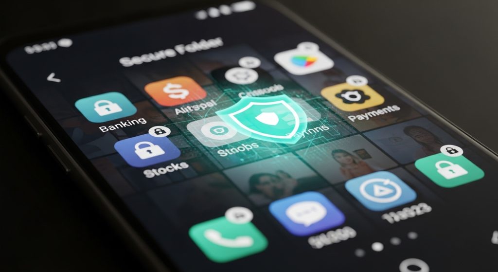 스마트폰 화면에 다양한 금융·보안 앱 아이콘이 모여 있고 중앙에 보호 아이콘이 빛나는 장면이다