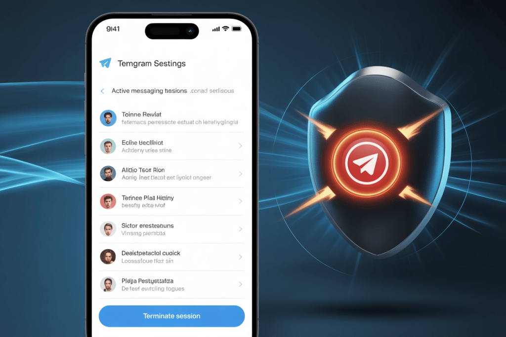 메신저 설정 화면이 열린 스마트폰과 옆의 보안 방패 그래픽이 함께 배치된 이미지로, 안전한 통신 환경을 표현하고 있다