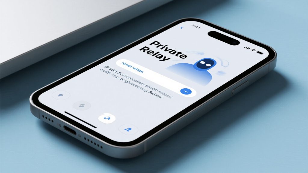 프라이빗 릴레이 기능 화면이 켜진 스마트폰이 책상 위에 놓여 있는 모습으로, 개인정보 보호 설정을 강조한 구성이다