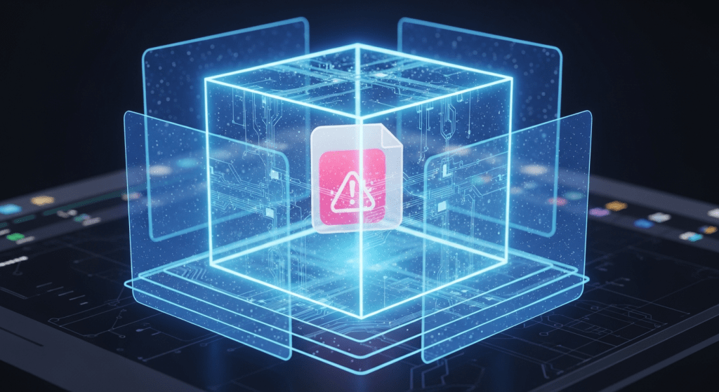 디지털 큐브 안에 경고 아이콘이 떠 있는 3D 인터페이스로, 시스템 오류나 보안 문제를 시각화한 이미지이다