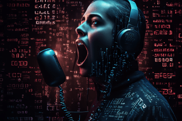 어두운 배경에 사람의 입이 전화 수화기로 변형되며, 이진 코드와 통화 기호가 흘러나오는 긴장된 분위기의 모습이다.