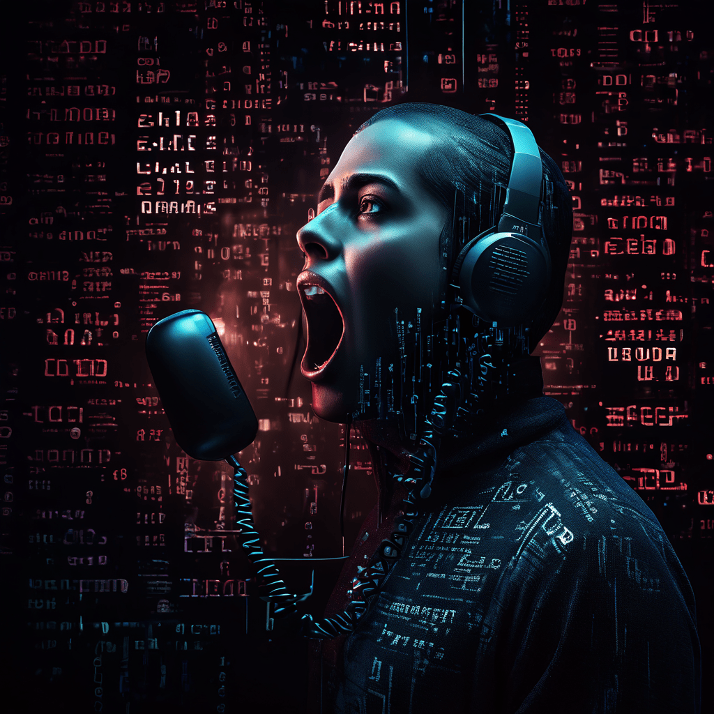 어두운 배경에 사람의 입이 전화 수화기로 변형되며, 이진 코드와 통화 기호가 흘러나오는 긴장된 분위기의 모습이다.