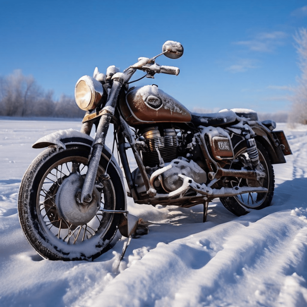 깊은 겨울에 서리가 앉은 오토바이 배터리와 차가운 공기 속 보이는 탑승자의 좌절한 한숨이 어우러진 모습이다.