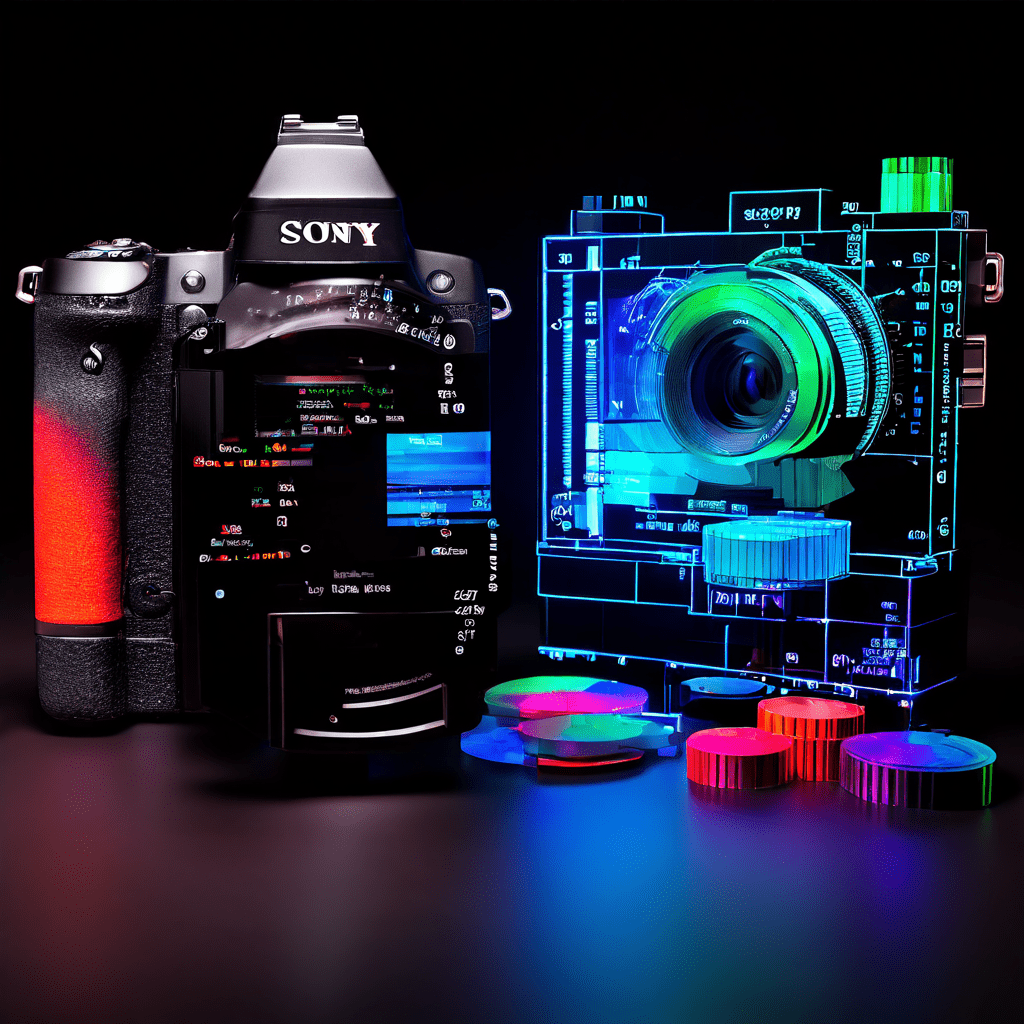 데이터 분석과 하드웨어가 결합된 소니 카메라의 디지털 설계 이미지.
