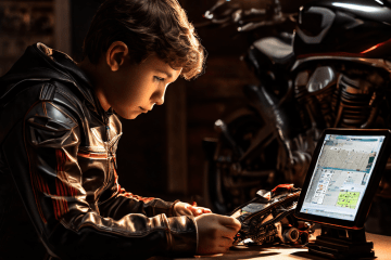 부드러운 조명 아래 클래식한 250cc 오토바이 옆에서, 젊은 라이더가 오토바이 성능 데이터가 표시된 태블릿을 집중적으로 살펴보고 있다.