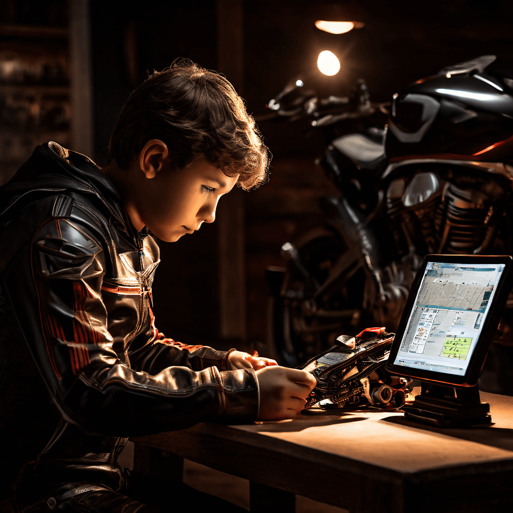 부드러운 조명 아래 클래식한 250cc 오토바이 옆에서, 젊은 라이더가 오토바이 성능 데이터가 표시된 태블릿을 집중적으로 살펴보고 있다.