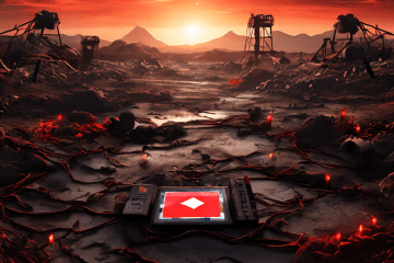 빨간색과 하얀색의 유튜브 로고 모양 지형에 지뢰가 숨겨져 있고 저작권 침해 경고 깃발이 위험 표지처럼 꽂혀 있는 모습이다.