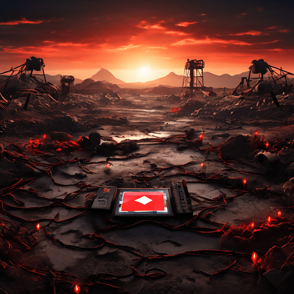 빨간색과 하얀색의 유튜브 로고 모양 지형에 지뢰가 숨겨져 있고 저작권 침해 경고 깃발이 위험 표지처럼 꽂혀 있는 모습이다.