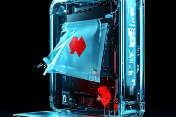 빨간 X가 그려진 휴지통 아이콘 옆에 놓인 하드 드라이브 위로, 반투명한 유령 같은 문서가 떠 있는 모습이다.