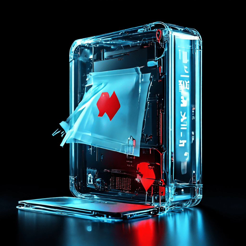 빨간 X가 그려진 휴지통 아이콘 옆에 놓인 하드 드라이브 위로, 반투명한 유령 같은 문서가 떠 있는 모습이다.