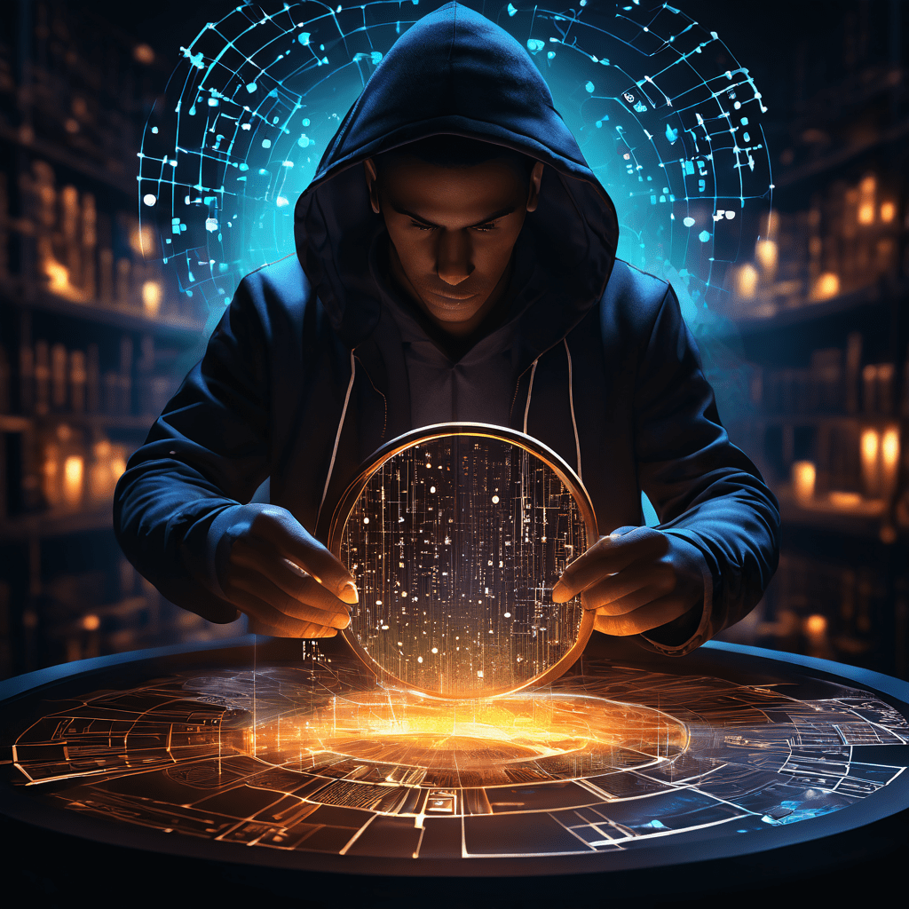 어두운 시장에 금고가 열려 푸른 빛 데이터가 쏟아지고, 한 사람이 확대경으로 조각 하나를 살펴보는 모습이다.