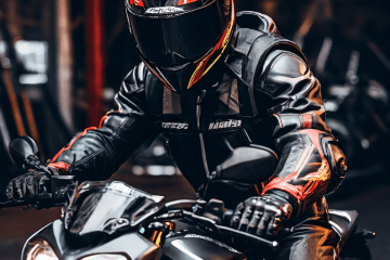 검정색 보호복을 입은 오토바이 운전자가 출발 전에 헬멧과 브레이크 등 안전 장비를 꼼꼼히 점검하는 모습이다.