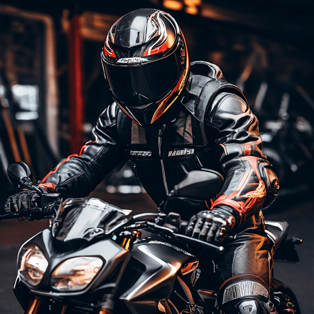 검정색 보호복을 입은 오토바이 운전자가 출발 전에 헬멧과 브레이크 등 안전 장비를 꼼꼼히 점검하는 모습이다.