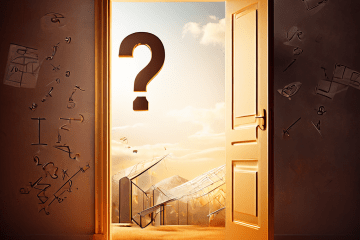 열린 문 뒤에는 보상이 보이고 닫힌 문에는 물음표가 그려져 있으며, 공중에 수식이 떠 있는 모습이다.