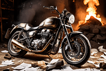 노란색 계약서 위에 중고 오토바이 그림과 함께 구매자의 발밑에서 터지는 지뢰가 그려져 있습니다.