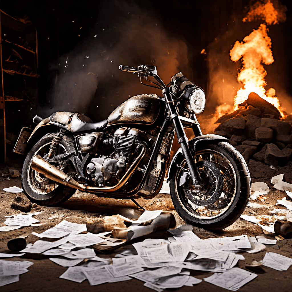 노란색 계약서 위에 중고 오토바이 그림과 함께 구매자의 발밑에서 터지는 지뢰가 그려져 있습니다.