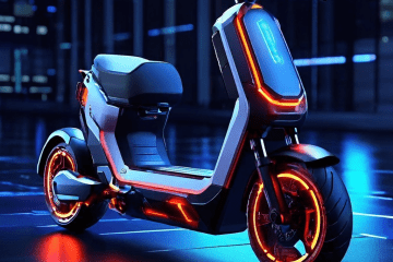 디지털 오버레이와 실시간 성능 데이터가 빛나는 고성능 스쿠터 구동계의 모습이다.