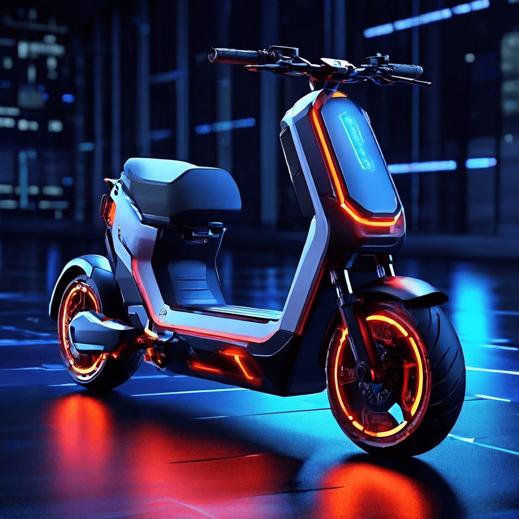 디지털 오버레이와 실시간 성능 데이터가 빛나는 고성능 스쿠터 구동계의 모습이다.